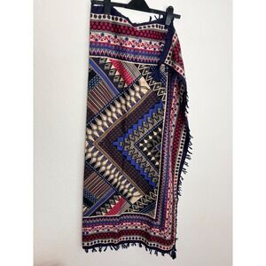 Aztec Sarong Wrap scarf 42" Navy Blue Pink Geometric Fringe Tassel Excellent